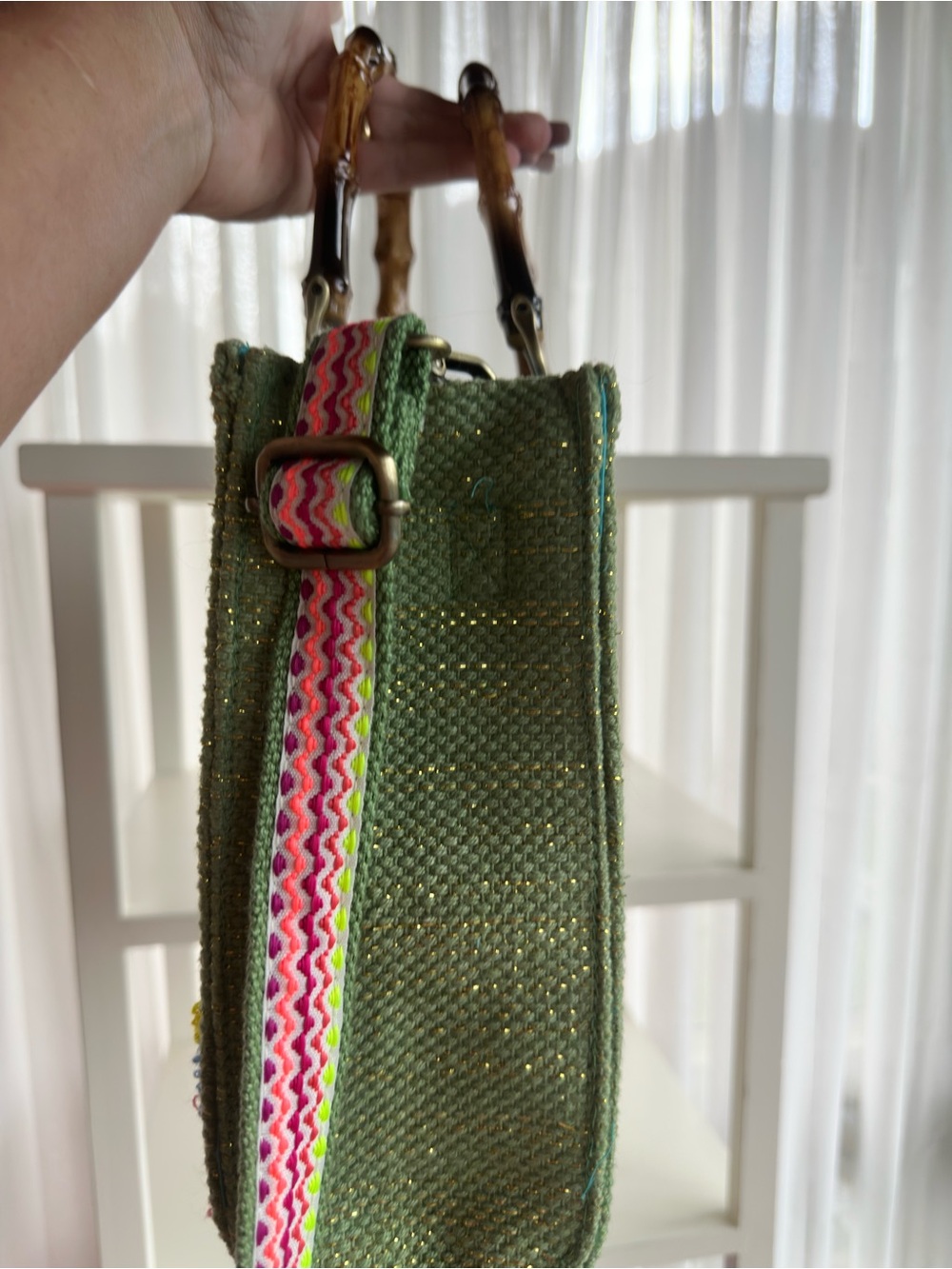 🧿🪬 Multicolor Embroidered Evil Eye Handbag w/ Bamboo Handles & crossbody strap. - Picture 2 of 5